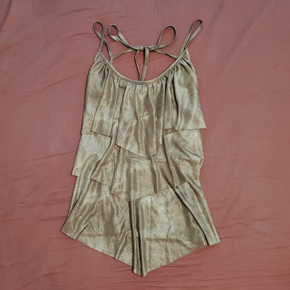 Vintage Y2K Suzy Shier Tiered Layered Ruffle Stretch Top in Silver Grey